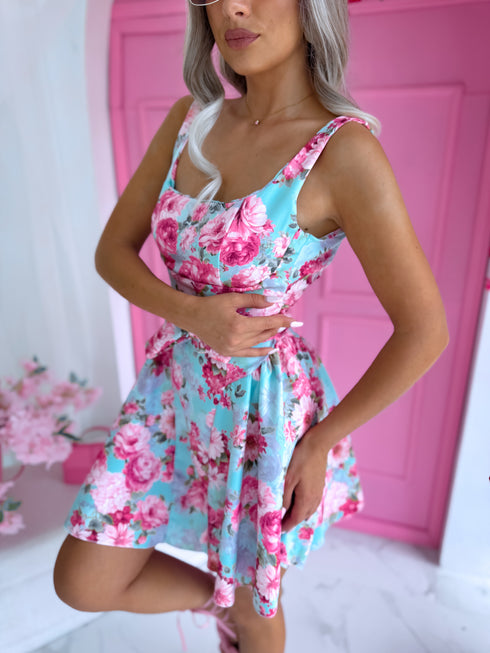 "FLORAL SYMPHONY 791" īsā korsetes kleita - mint ar rozā